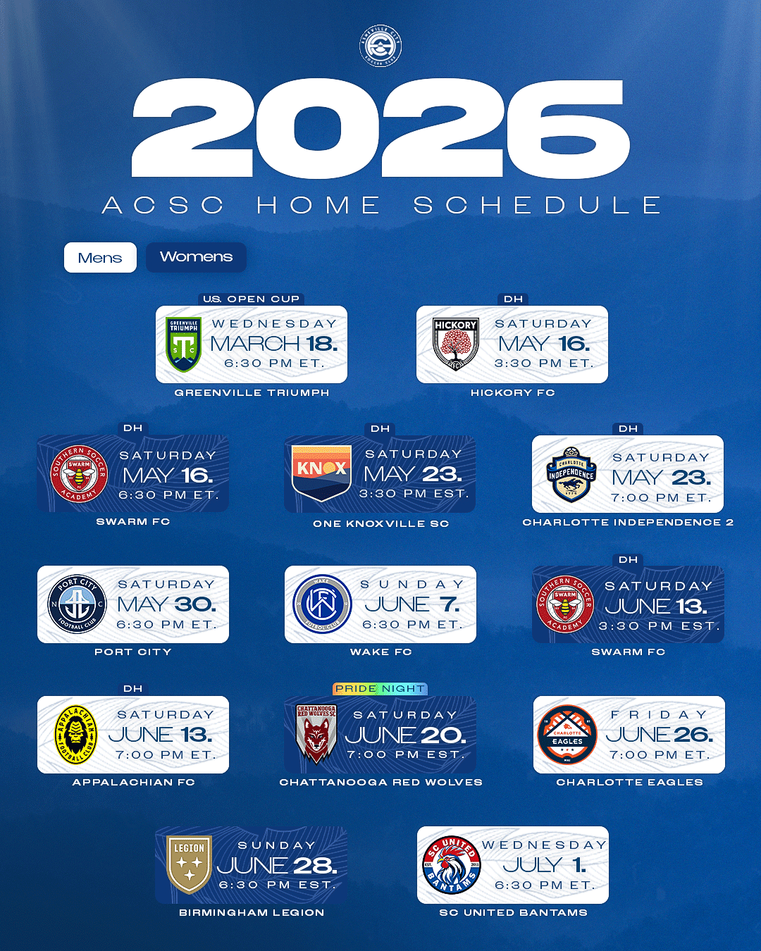 Asheville City SC 2026 home match schedule showing upcoming opponents and game dates