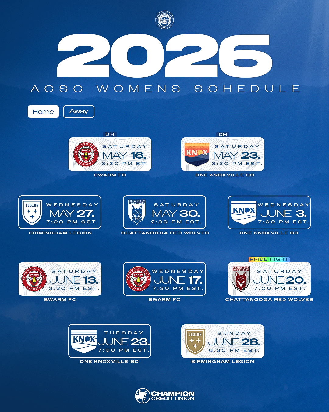 Asheville City SC 2026 women's home match schedule showing upcoming opponents and game dates